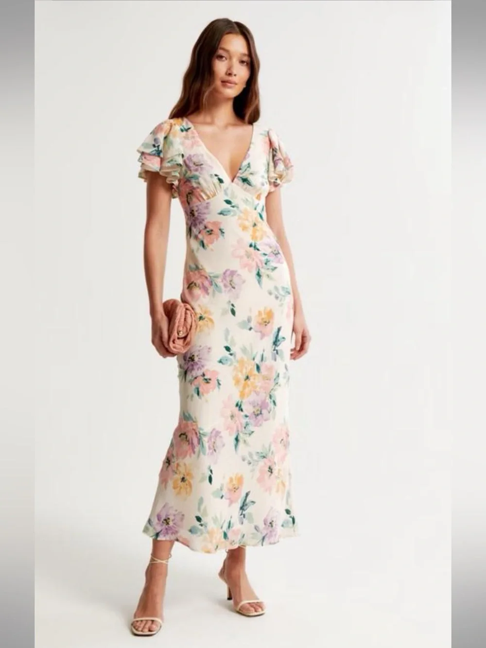 NWT Abercrombie & Fitch Cream Floral V‑Neck Ruffle Sleeve Maxi Dress
